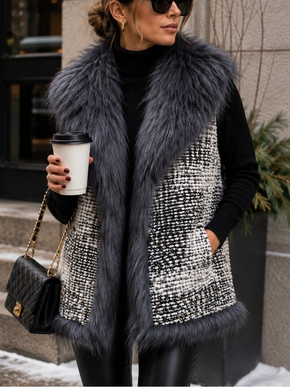 Jessica Simpson Faux Fur Tweed Vest M/L Gray Black Knit Longline Winter Chic EUC